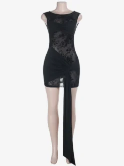 Robe mini en maille florale pour femme - Robe moulante sexy transparente et froncée - Style Y2K tenue de soirée estivale 2026