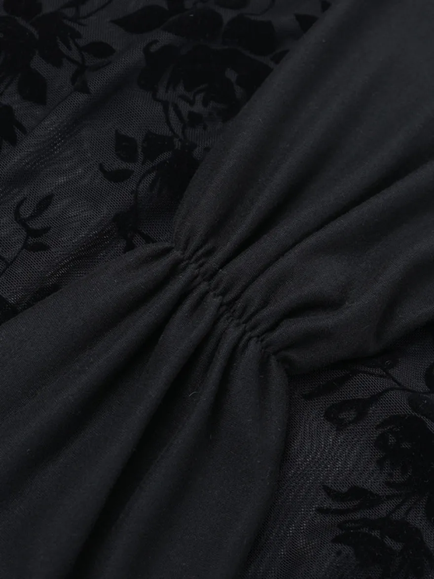 Robe mini en maille florale pour femme - Robe moulante sexy transparente et froncée - Style Y2K tenue de soirée estivale 2026