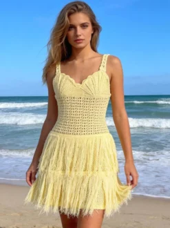 Robe mini à franges en crochet jaune crème pour femme style bohème plage