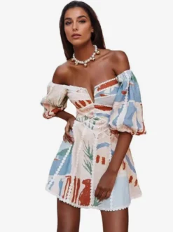 Robe mini imprimée épaules dénudées pour femme - Manches bouffantes col en V bordure en dentelle coupe évasée - Idéale pour une fête d'été à la plage 2026