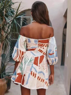 Robe mini imprimée épaules dénudées pour femme - Manches bouffantes col en V bordure en dentelle coupe évasée - Idéale pour une fête d'été à la plage 2026