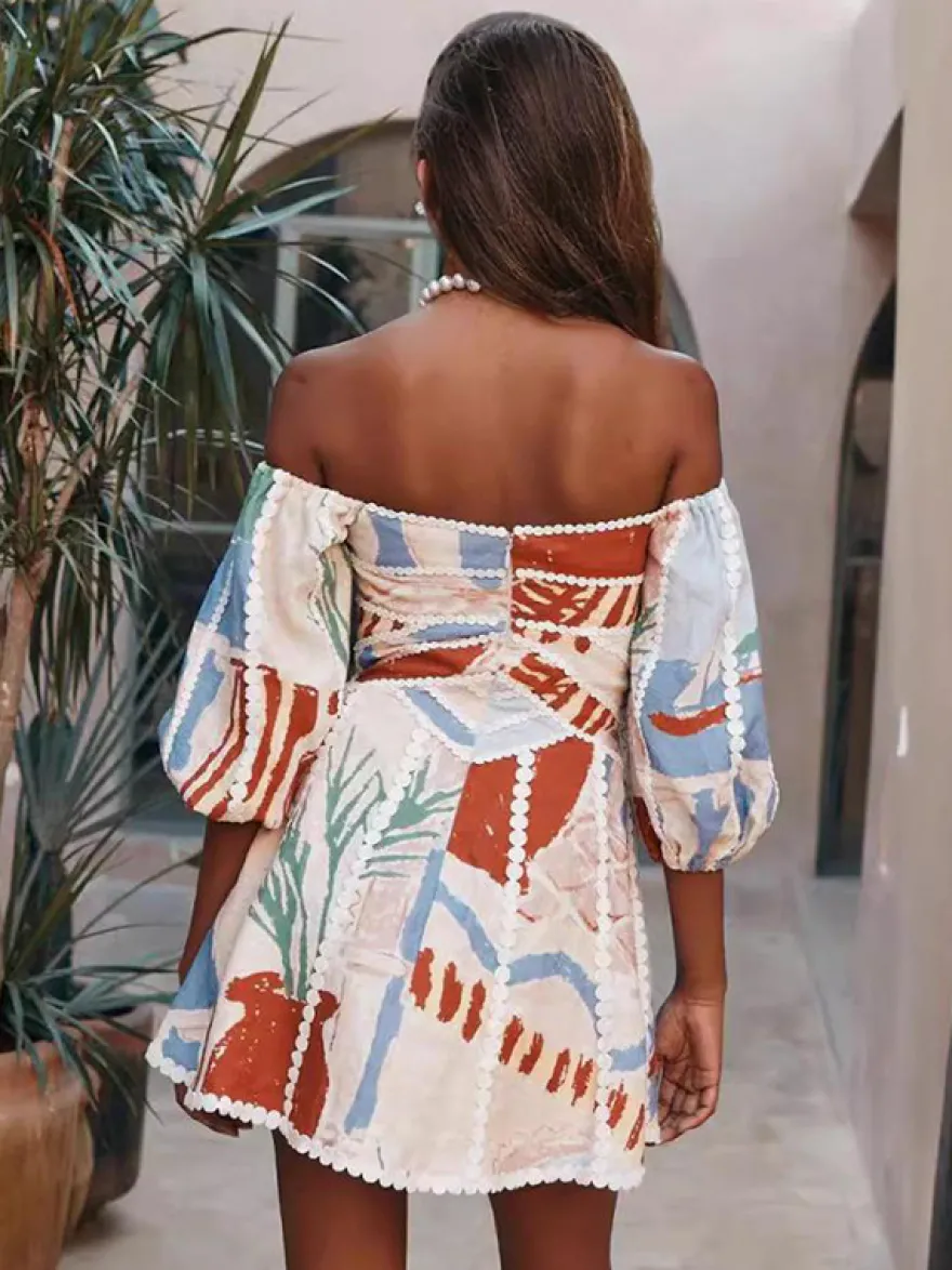 Robe mini imprimée épaules dénudées pour femme - Manches bouffantes col en V bordure en dentelle coupe évasée - Idéale pour une fête d'été à la plage 2026