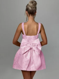 Robe mini Jacquard Coquette pour femme - Barbiecore avec grand nœud dans le dos sans manches coupe trapèze - Tenues de fête d'anniversaire d'été 2026