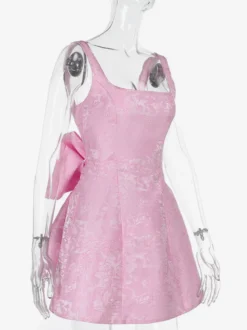 Robe mini Jacquard Coquette pour femme - Barbiecore avec grand nœud dans le dos sans manches coupe trapèze - Tenues de fête d'anniversaire d'été 2026
