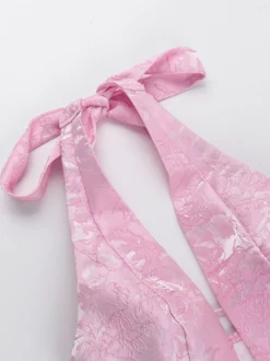 Robe mini Jacquard Coquette pour femme - Dos lacé avec grand nœud et col halter - Tenues de fête d'anniversaire d'été 2026