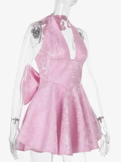 Robe mini Jacquard Coquette pour femme - Dos lacé avec grand nœud et col halter - Tenues de fête d'anniversaire d'été 2026