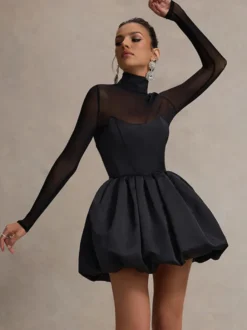 Robe mini à manches en résille pour femme - Noir élégant col montant bouffant style patineuse - Soirée cocktail printemps-été 2026
