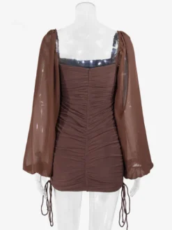 Robe mini moulante à manches lanternes transparentes col carré et fronces pour femme 2026