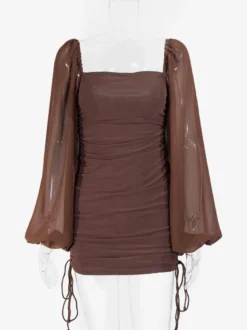 Robe mini moulante à manches lanternes transparentes col carré et fronces pour femme 2026