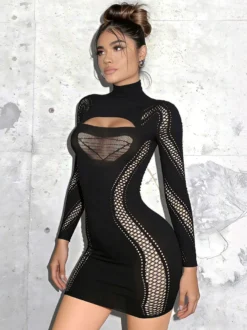 Robe mini noire en résille ajourée à manches longues et col roulé transparent moulante idéale pour les soirées.