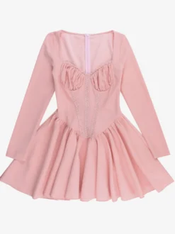 Robe mini rose trapèze style corset pour femme - Empiècements en dentelle Coquette manches longues - Fête d'anniversaire printanière 2026