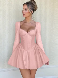 Robe mini rose trapèze style corset pour femme - Empiècements en dentelle Coquette manches longues - Fête d'anniversaire printanière 2026