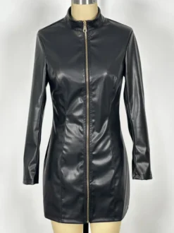 Robe mini sexy en similicuir à col montant manches longues et fermeture éclair sur le devant pour femme 2026