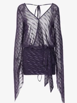 Robe mini transparente dos nu pour femme - Décolleté en V sexy manches longues à nouer sur le devant coupe moulante froncée - Idéale pour une soirée d'été en boîte de nuit 2026