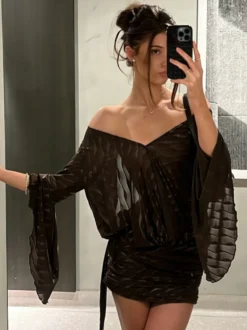 Robe mini transparente dos nu pour femme - Décolleté en V sexy manches longues à nouer sur le devant coupe moulante froncée - Idéale pour une soirée d'été en boîte de nuit 2026