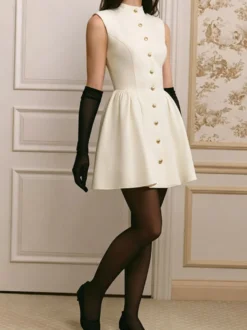 Robe mini trapèze sans manches à col montant et boutons dorés style vintage