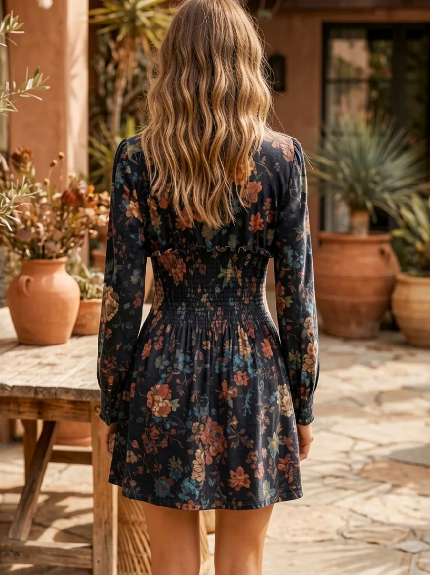 Robe mini vintage à imprimé floral taille smockée col en V et manches longues pour femme 2026