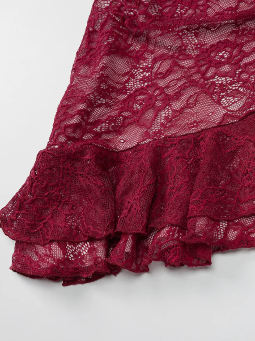 Robe moulante en dentelle bordeaux sans manches avec ourlet à volants mini robe de club sexy pour femmes 2026