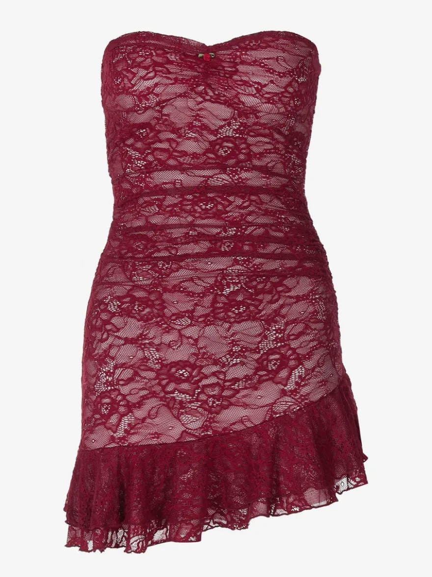 Robe moulante en dentelle bordeaux sans manches avec ourlet à volants mini robe de club sexy pour femmes 2026