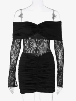 Robe moulante en dentelle patchwork pour femme - Robe mini sexy à épaules dénudées manches longues et froncée - Tenue de soirée printanière 2026