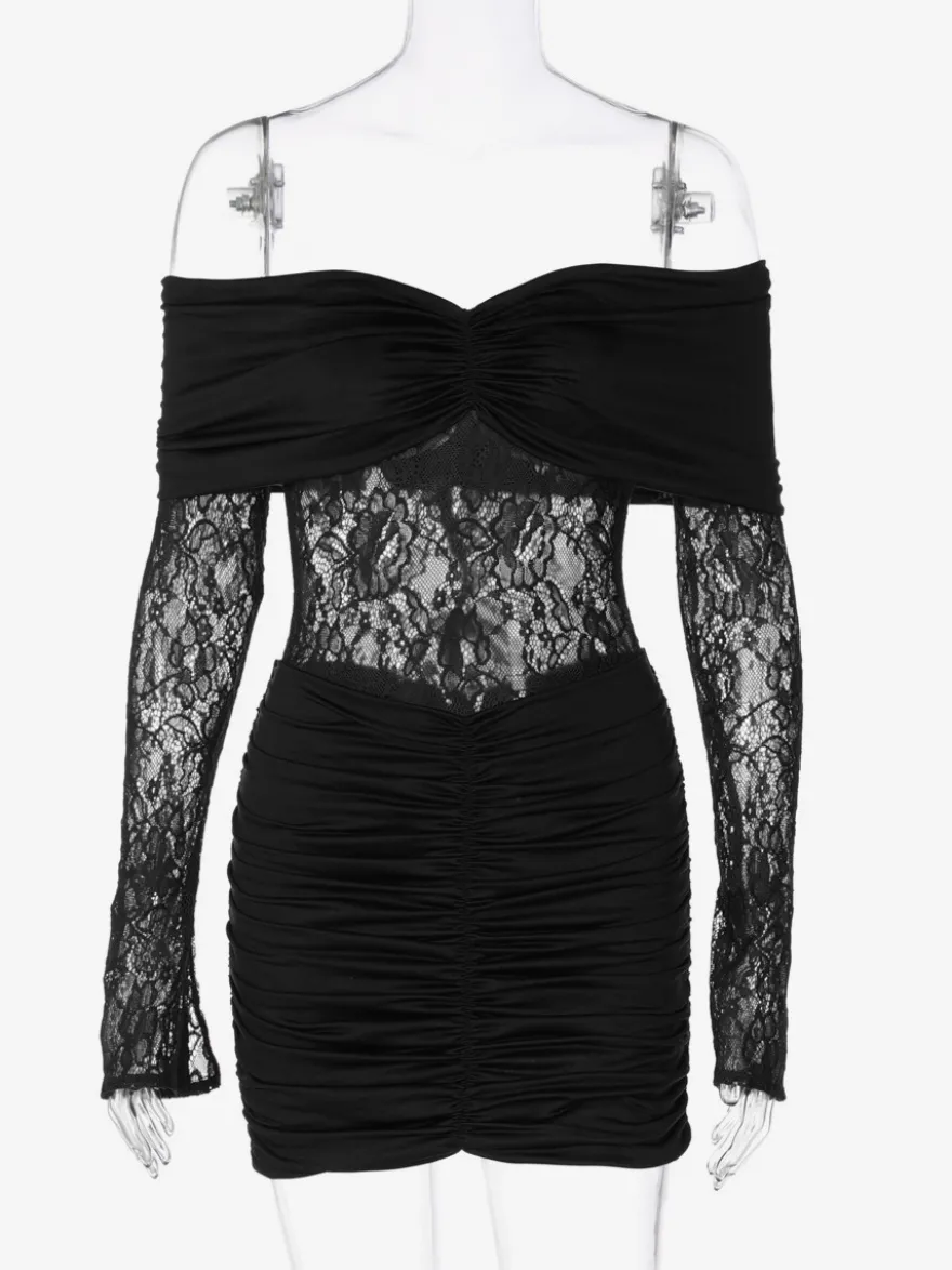 Robe moulante en dentelle patchwork pour femme - Robe mini sexy à épaules dénudées manches longues et froncée - Tenue de soirée printanière 2026