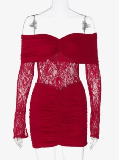 Robe moulante en dentelle patchwork pour femme - Robe mini sexy à épaules dénudées manches longues et froncée - Tenue de soirée printanière 2026