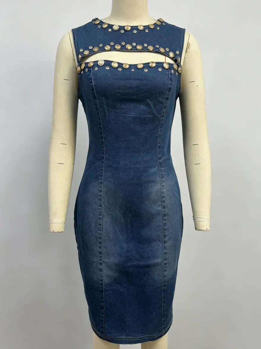 Robe moulante en jean découpée pour femme - Robe fourreau midi bleue sans manches à clous coupe ajustée - Tenue de soirée estivale 2026