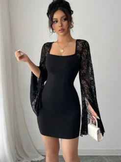 Robe moulante mini à col carré manches longues évasées en dentelle collection femme 2026