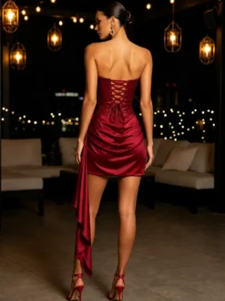 Robe moulante mini à corset orné de strass et drapé sur le côté collection 2026