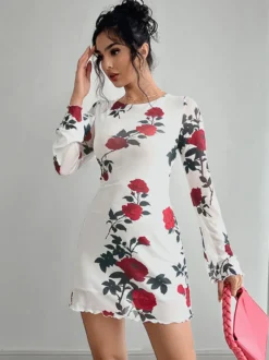 Robe moulante mini dos nu à imprimé rose et manches évasées en résille pour femme 2026
