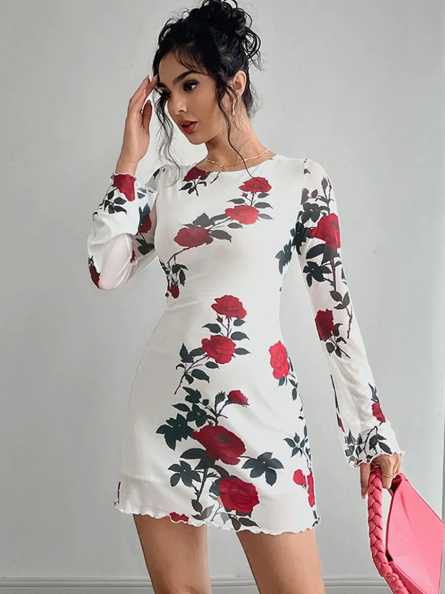 Robe moulante mini dos nu à imprimé rose et manches évasées en résille pour femme 2026