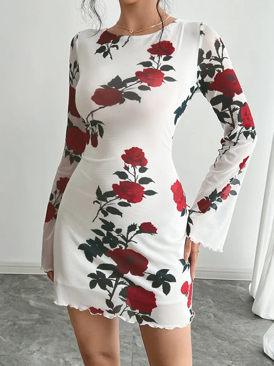 Robe moulante mini dos nu à imprimé rose et manches évasées en résille pour femme 2026