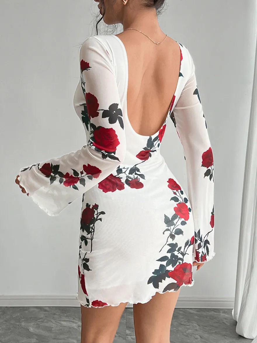 Robe moulante mini dos nu à imprimé rose et manches évasées en résille pour femme 2026