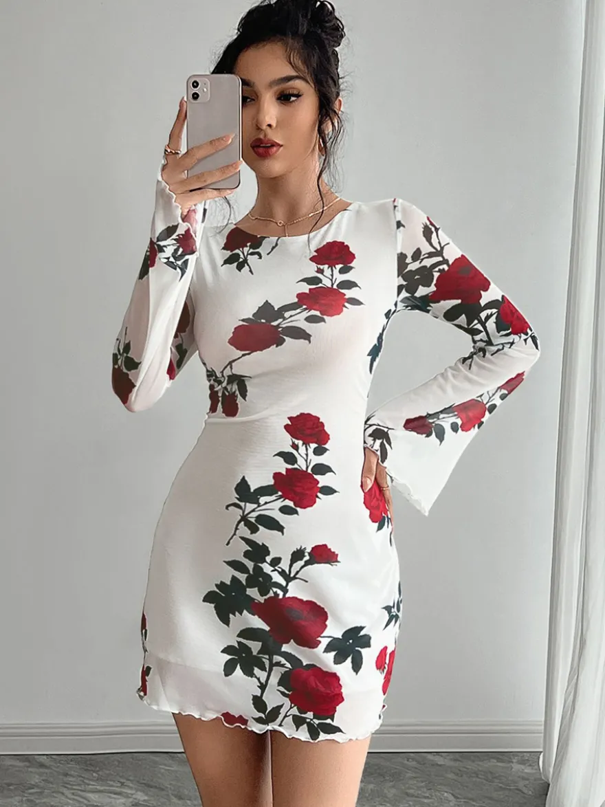 Robe moulante mini dos nu à imprimé rose et manches évasées en résille pour femme 2026
