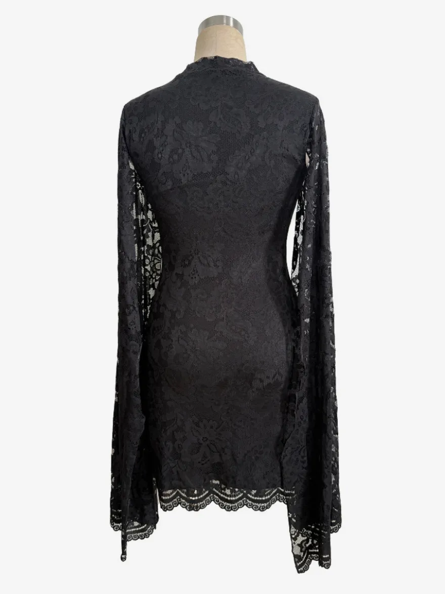 Robe moulante mini en dentelle florale à manches cape et col montant pour femme 2026