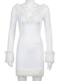 Robe Moulante Noël à Capuche avec Manches Longues Coupe Cintrée Unicolore