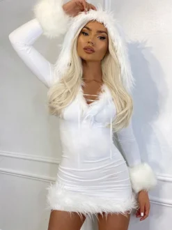 Robe Moulante Noël à Capuche avec Manches Longues Coupe Cintrée Unicolore