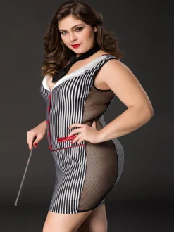Robe moulante rayée en maille grande taille style secrétaire/enseignante.