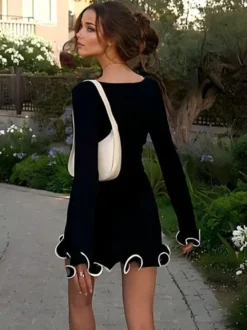 Robe Moulante Rose Élégante À Manches Longues Plissée Femme Volante