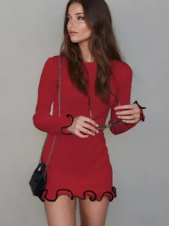 Robe Moulante Rose Élégante À Manches Longues Plissée Femme Volante