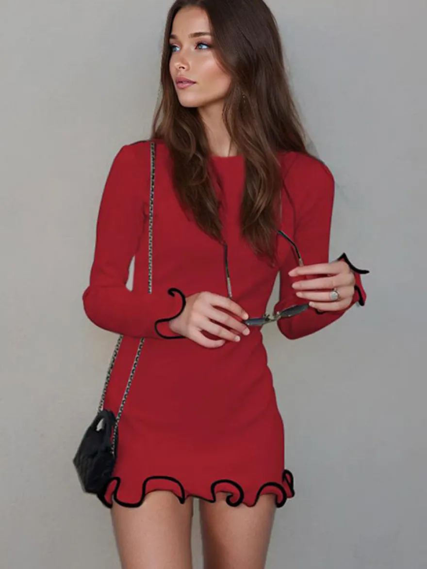 Robe Moulante Rose Élégante À Manches Longues Plissée Femme Volante