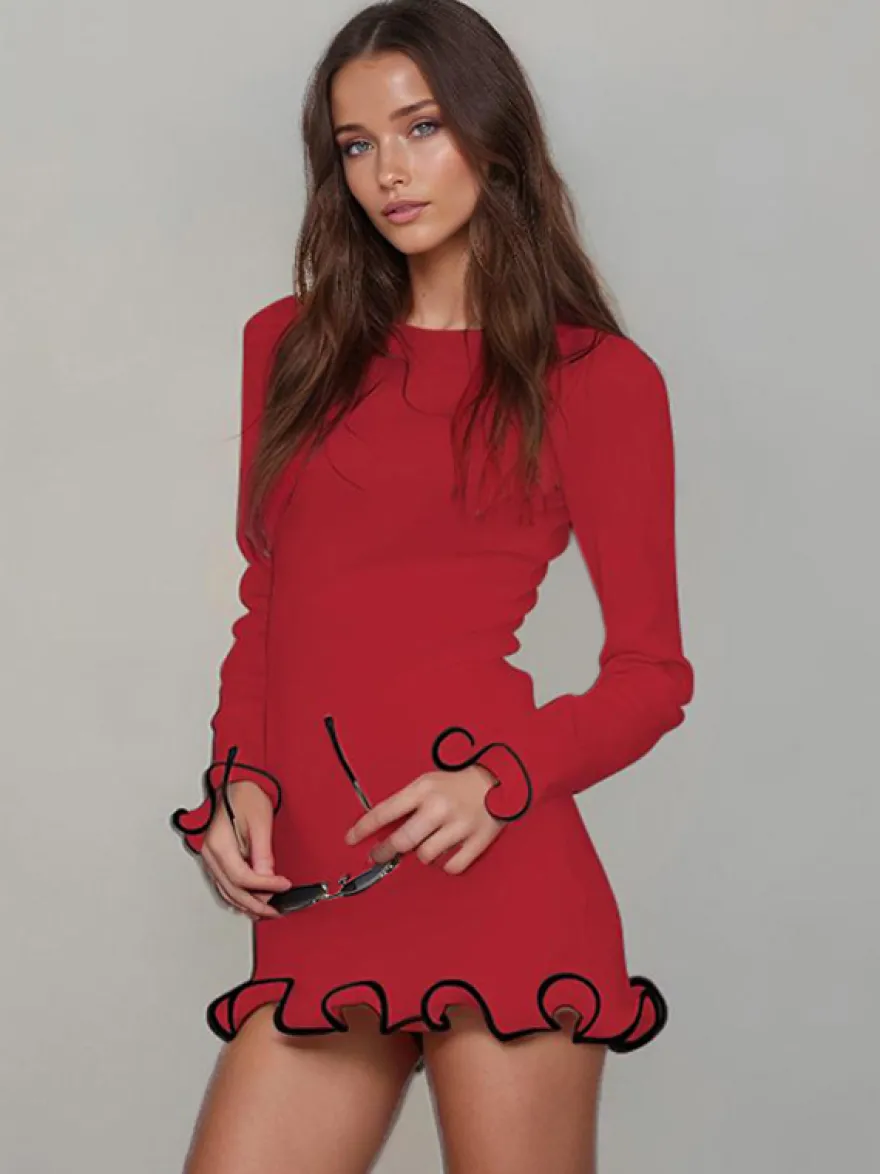 Robe Moulante Rose Élégante À Manches Longues Plissée Femme Volante