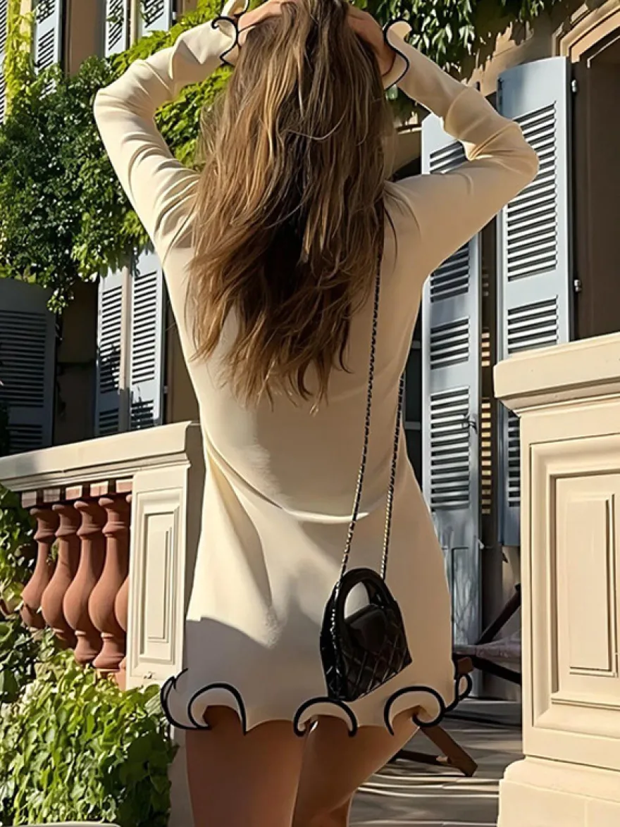 Robe Moulante Rose Élégante À Manches Longues Plissée Femme Volante