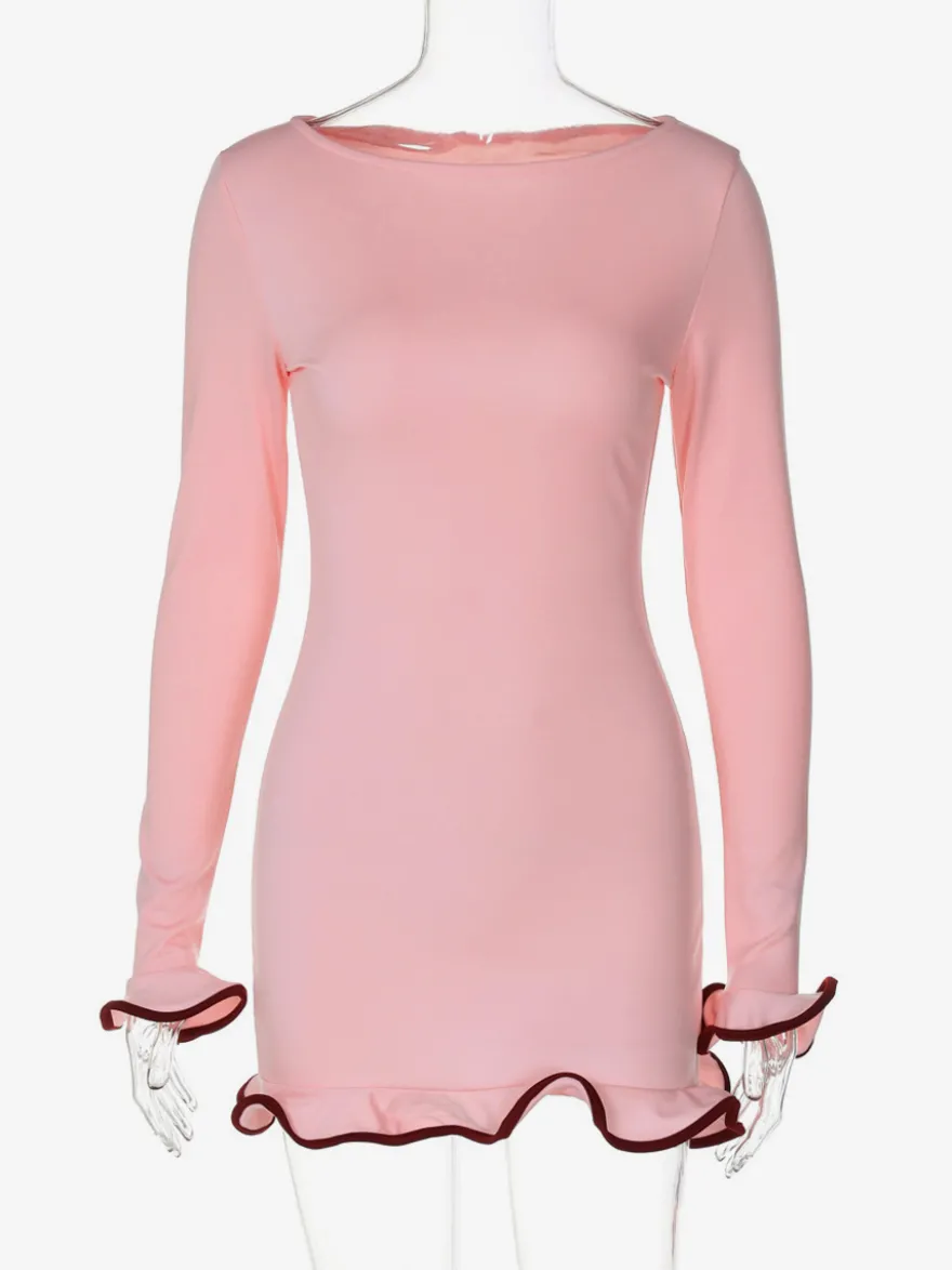 Robe Moulante Rose Élégante À Manches Longues Plissée Femme Volante