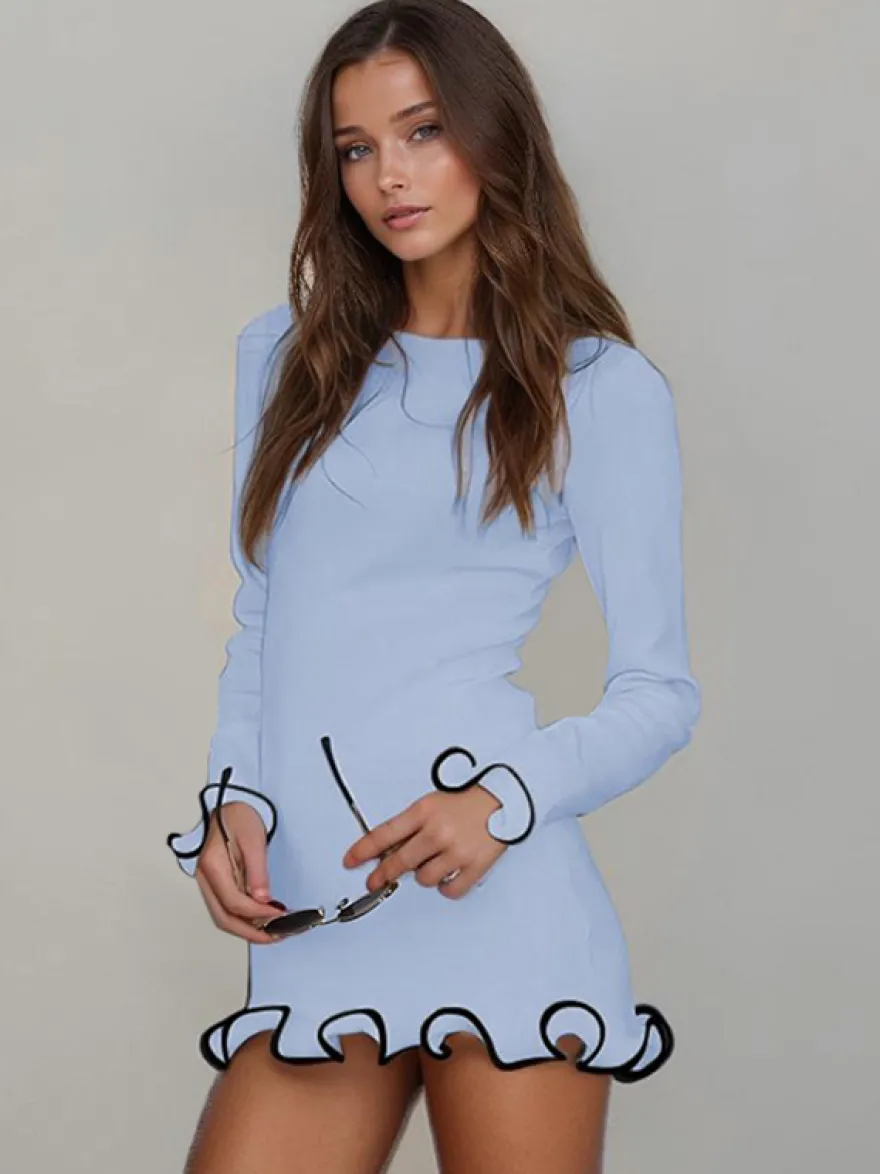 Robe Moulante Rose Élégante À Manches Longues Plissée Femme Volante