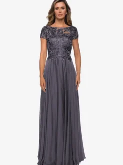 Robe mère à col bijou manches courtes ligne a robes d'invitées de mariage en dentelle