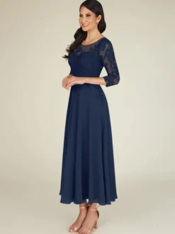 Robe mère col bijou manches 3/4 longueur A-ligne dentelle longueur au sol robes d'invité pour mariage personnalisation gratuite