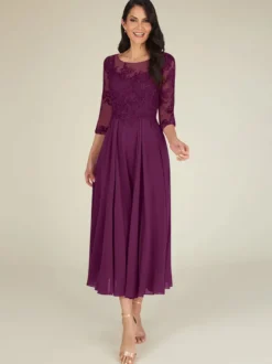 Robe mère col bijou manches 3/4 longueur A-ligne dentelle longueur au sol robes d'invité pour mariage personnalisation gratuite