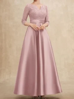 Robe mère col en V manches 3/4 ligne A en dentelle robes d'invité pour mariage