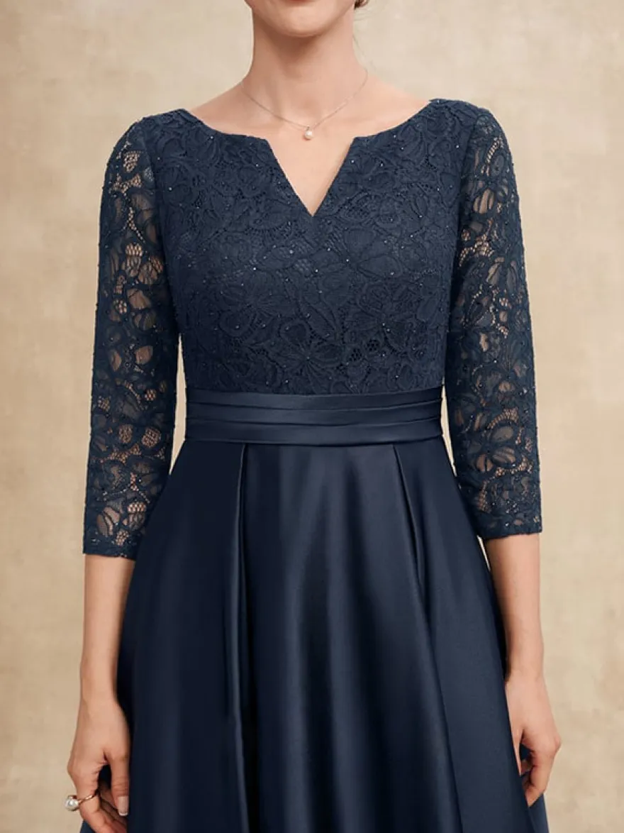 Robe mère col en V manches 3/4 ligne A en dentelle robes d'invité pour mariage